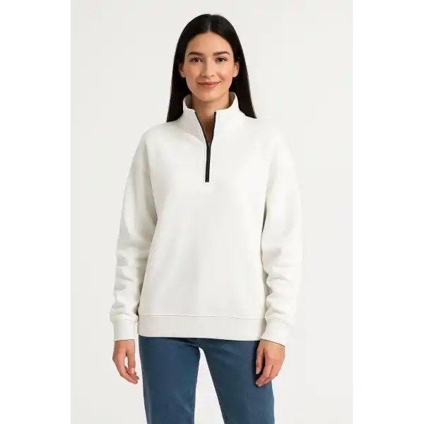 Kadın 3 İplik Pamuklu Dık Yaka Yarım Fermuarlı SweatShirt - Beyaz