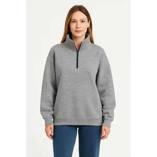 Kadın 3 İplik Pamuklu Dık Yaka Yarım Fermuarlı SweatShirt - Gri