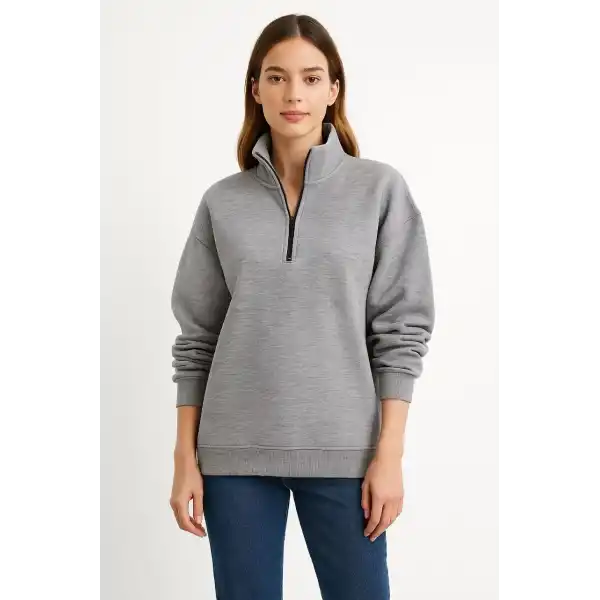 Kadın 3 İplik Pamuklu Dık Yaka Yarım Fermuarlı SweatShirt - Gri