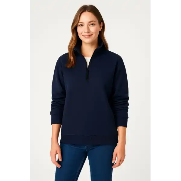 Kadın 3 İplik Pamuklu Dık Yaka Yarım Fermuarlı SweatShirt - Lacivert