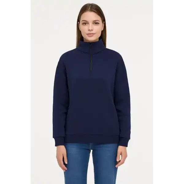 Kadın 3 İplik Pamuklu Dık Yaka Yarım Fermuarlı SweatShirt - Lacivert