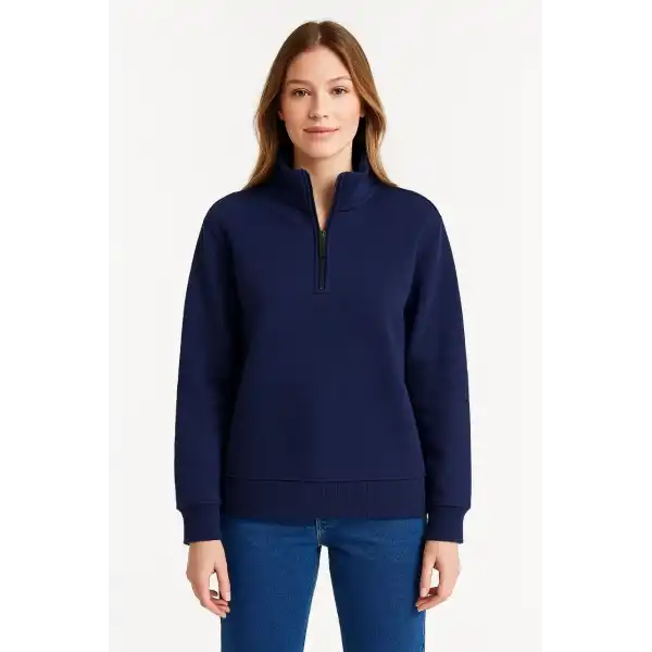 Kadın 3 İplik Pamuklu Dık Yaka Yarım Fermuarlı SweatShirt - Lacivert