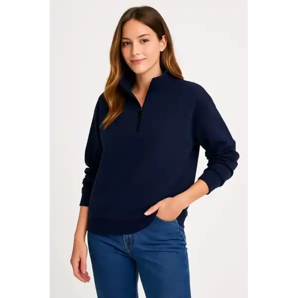 Kadın 3 İplik Pamuklu Dık Yaka Yarım Fermuarlı SweatShirt - Lacivert