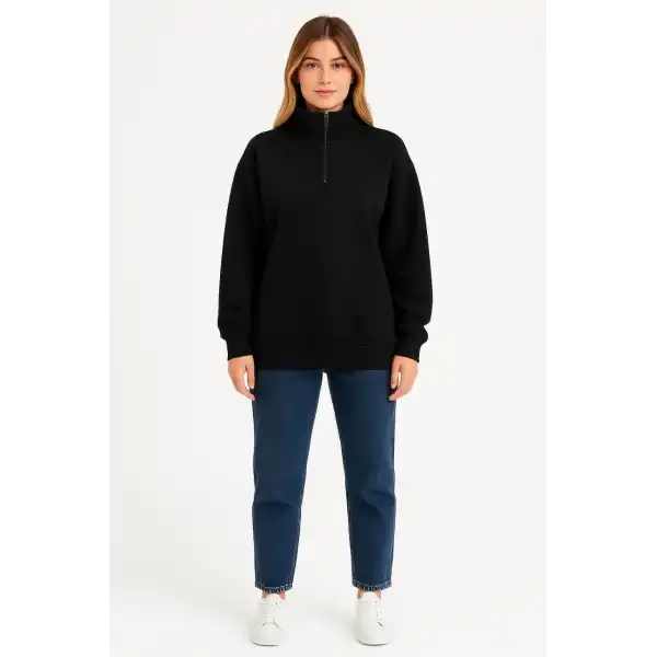 Kadın 3 İplik Pamuklu Dık Yaka Yarım Fermuarlı SweatShirt - Siyah