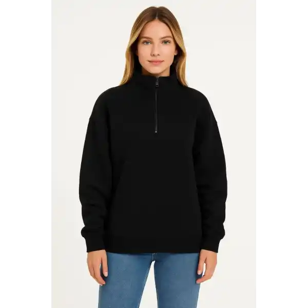 Kadın 3 İplik Pamuklu Dık Yaka Yarım Fermuarlı SweatShirt - Siyah