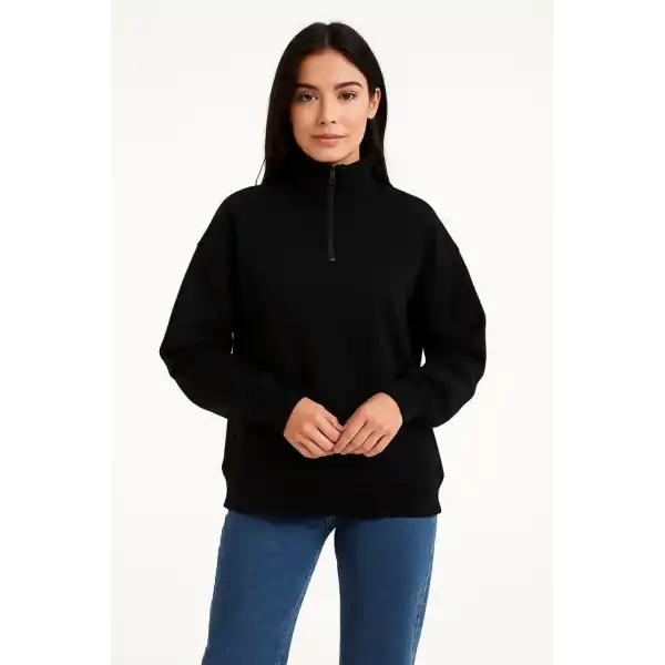 Kadın 3 İplik Pamuklu Dık Yaka Yarım Fermuarlı SweatShirt - Siyah
