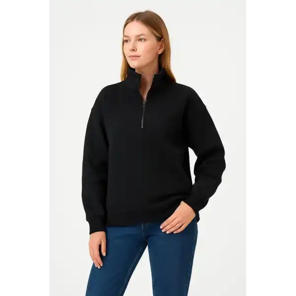 Kadın 3 İplik Pamuklu Dık Yaka Yarım Fermuarlı SweatShirt - Siyah