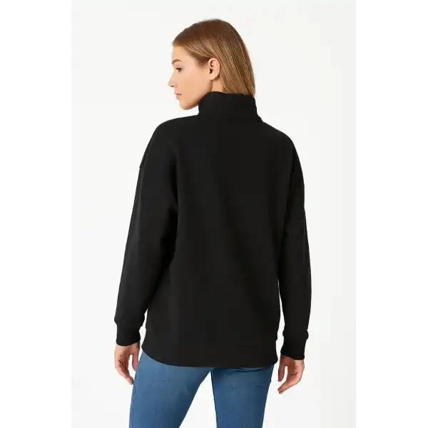 Kadın 3 İplik Pamuklu Dık Yaka Yarım Fermuarlı SweatShirt - Siyah