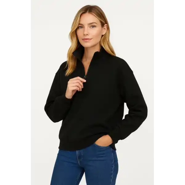 Kadın 3 İplik Pamuklu Dık Yaka Yarım Fermuarlı SweatShirt - Siyah