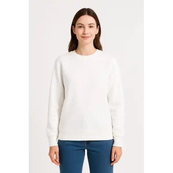 Kadın 3 İplik Pamuklu Düz Bisiklet Yaka SweatShirt - Beyaz