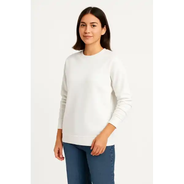 Kadın 3 İplik Pamuklu Düz Bisiklet Yaka SweatShirt - Beyaz
