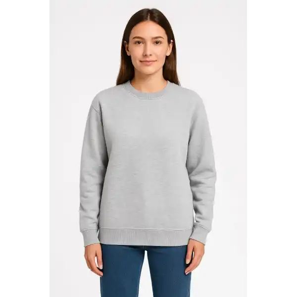 Kadın 3 İplik Pamuklu Düz Bisiklet Yaka SweatShirt - Gri