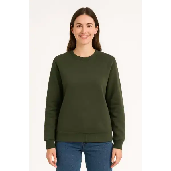 Kadın 3 İplik Pamuklu Düz Bisiklet Yaka SweatShirt - Haki