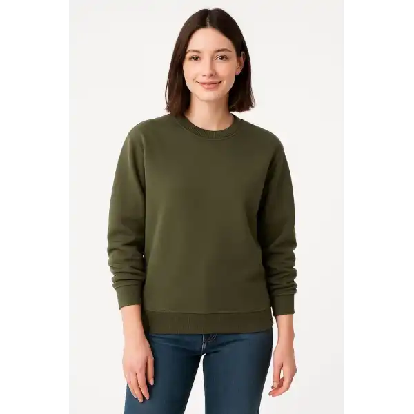 Kadın 3 İplik Pamuklu Düz Bisiklet Yaka SweatShirt - Haki