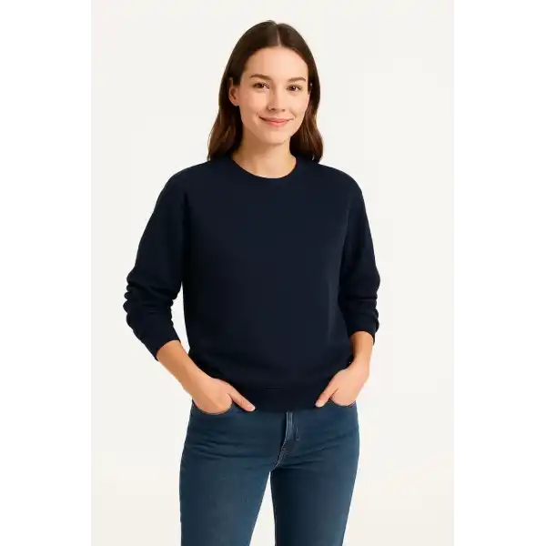 Kadın 3 İplik Pamuklu Düz Bisiklet Yaka SweatShirt - Lacivert