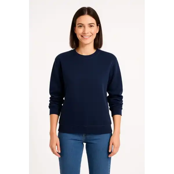 Kadın 3 İplik Pamuklu Düz Bisiklet Yaka SweatShirt - Lacivert