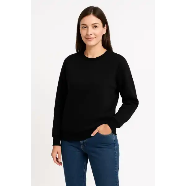 Kadın 3 İplik Pamuklu Düz Bisiklet Yaka SweatShirt - Siyah