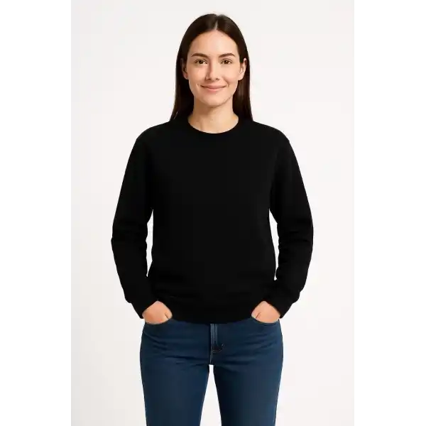 Kadın 3 İplik Pamuklu Düz Bisiklet Yaka SweatShirt - Siyah