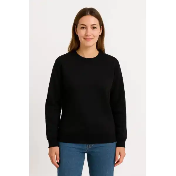 Kadın 3 İplik Pamuklu Düz Bisiklet Yaka SweatShirt - Siyah