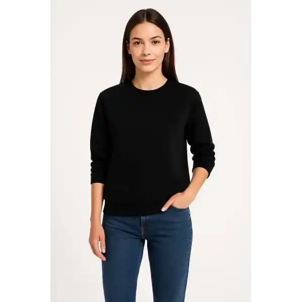 Kadın 3 İplik Pamuklu Düz Bisiklet Yaka SweatShirt - Siyah