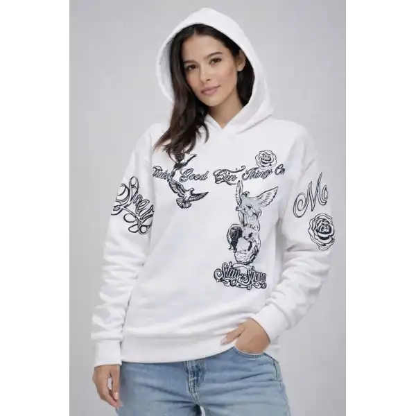 Kadın 3 İplik Pamuklu Kapüşonlu Baskılı SweatShirt hoodie - Beyaz