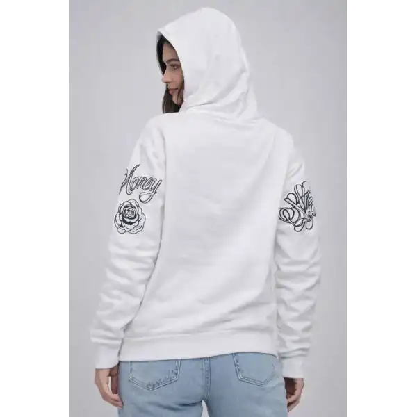 Kadın 3 İplik Pamuklu Kapüşonlu Baskılı SweatShirt hoodie - Beyaz