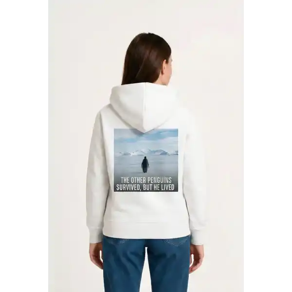 Kadın 3 İplik Pamuklu Kapüşonlu Hoodie Sweatshirt Survivor Penguen Baskılı - Beyaz
