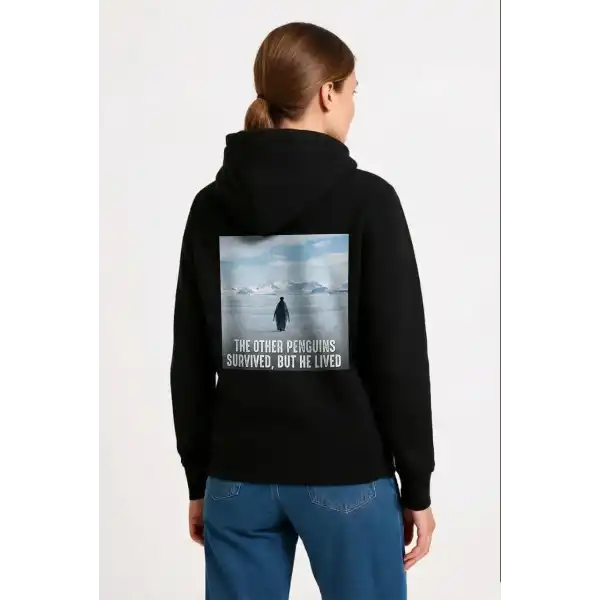 Kadın 3 İplik Pamuklu Kapüşonlu Hoodie Sweatshirt Survivor Penguen Baskılı - Siyah