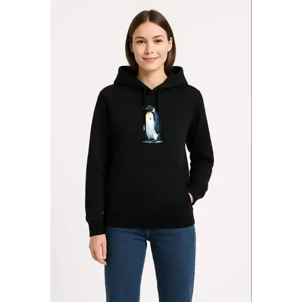 Kadın 3 İplik Pamuklu Kapüşonlu Hoodie Sweatshirt Survivor Penguen Baskılı - Siyah