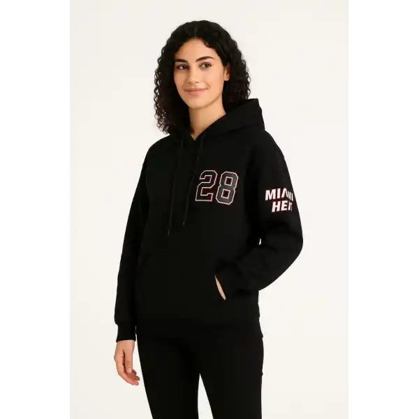 Kadın 3 İplik Pamuklu Kapüşonlu Kanguru Cepli Baskılı Hoodie Sweatshirt - Siyah