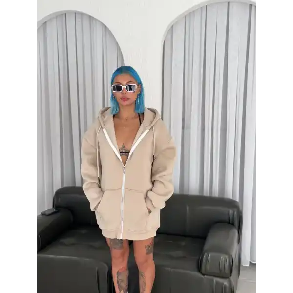 Kadın 3 İplik Pamuklu Kapüşonlu Kanguru Cepli Baskılı Oversize Hoodie Sweatshirt - Bej