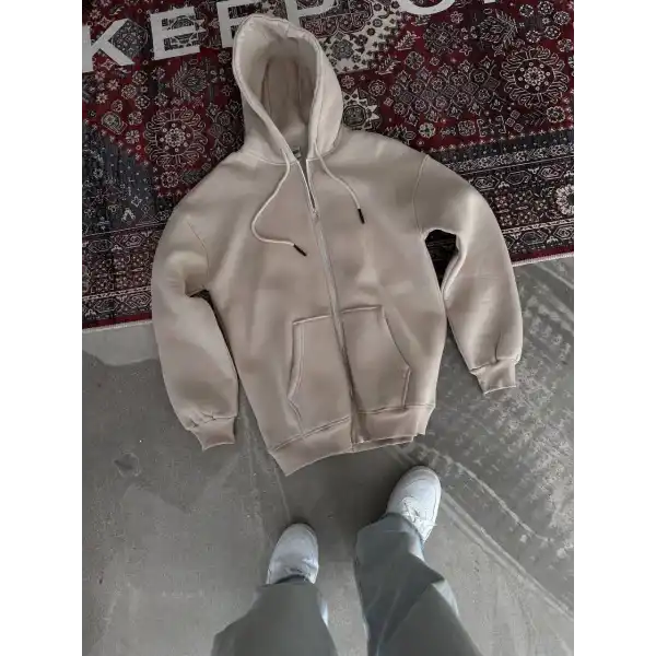 Kadın 3 İplik Pamuklu Kapüşonlu Kanguru Cepli Baskılı Oversize Hoodie Sweatshirt - Bej