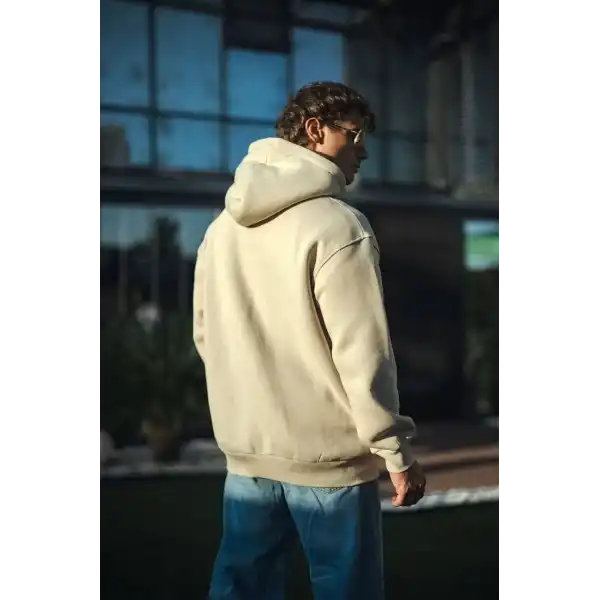 Kadın 3 İplik Pamuklu Kapüşonlu Kanguru Cepli Oversize Hoodie Sweatshirt - Bej
