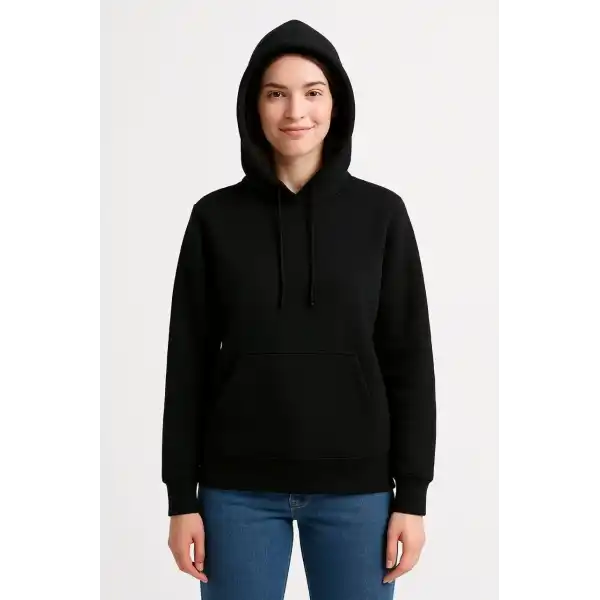 Kadın 3 İplik Pamuklu Kapüşonlu Kanguru Cepli Sweatshirt hoodie - Siyah