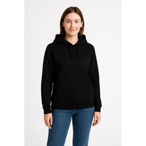 Kadın 3 İplik Pamuklu Kapüşonlu Kanguru Cepli Sweatshirt hoodie - Siyah