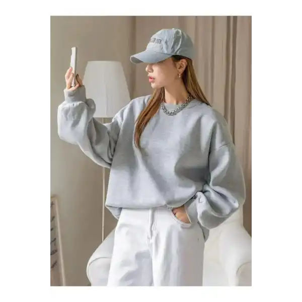 Kadın 3 İplik Pamuklu Oversize Yarım Fermuarlı Yakalı Basic Sweatshirt - Gri