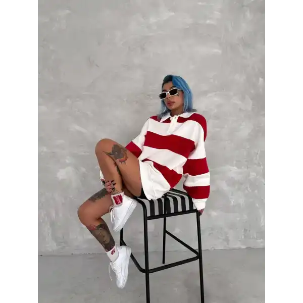 Kadın 3 İplik Pamuklu Parçalı Yakalı SweatShirt - Kırmızı