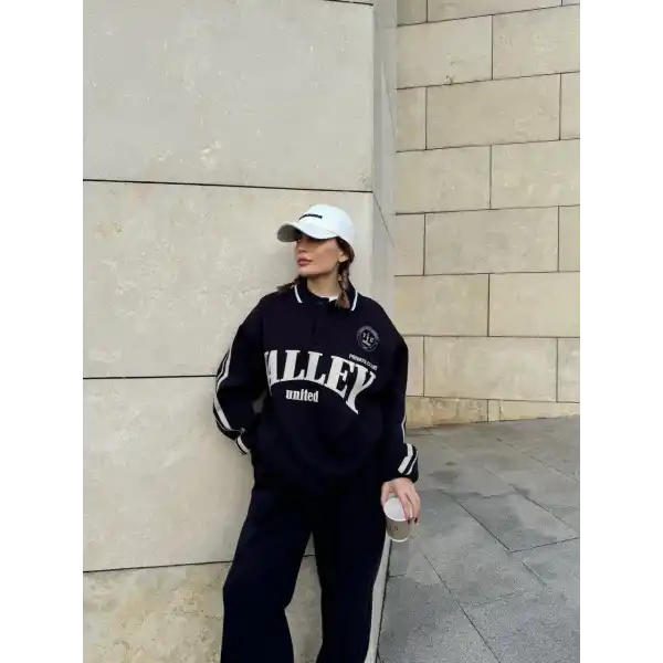 Kadın 3 İplik Pamuklu Yakalı Sweat Baggy Pantolonlu Alt-Üst Takım - Siyah