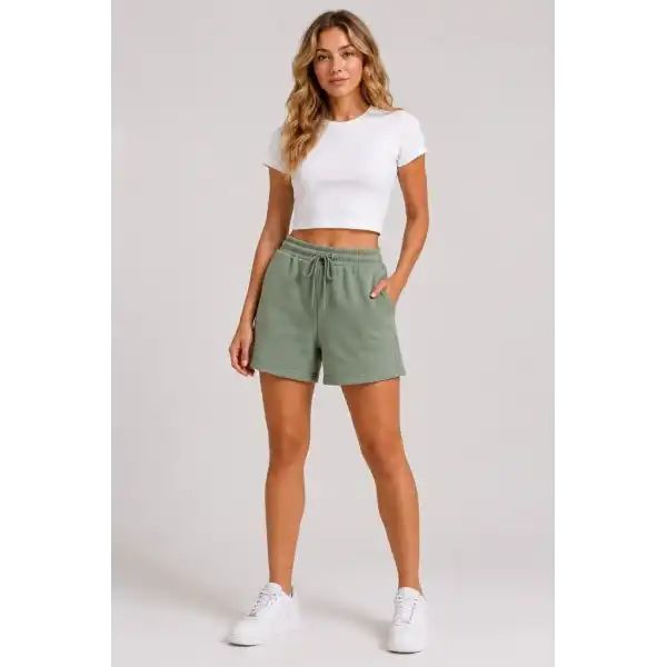 Kadın 3 İplik Şardonsuz Yazlık Cepli Lastikli Bağcıklı Regular Fit Şort - Yeşil