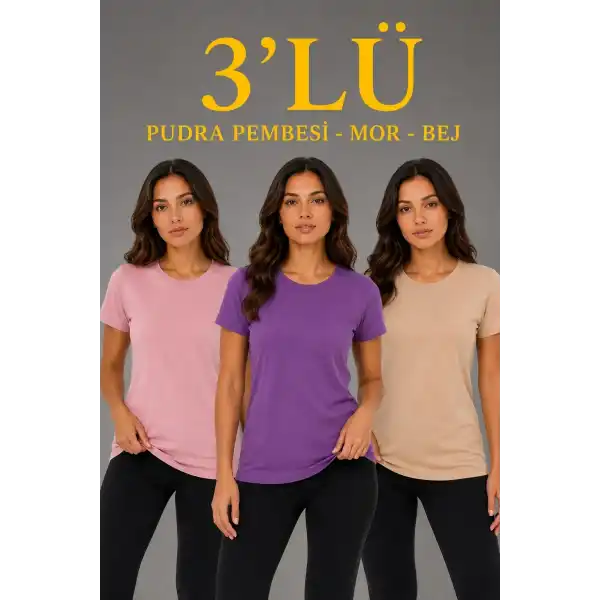 Kadın 3’lü Kısa Kollu Bisiklet Yaka Basic Slim Fit T-Shirt - Pudra Pembe - Mor - Bej
