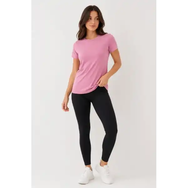 Kadın 3’lü Kısa Kollu Bisiklet Yaka Basic Slim Fit T-Shirt - Pudra Pembe - Mor - Bej