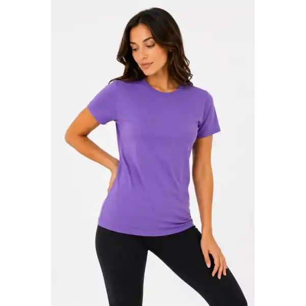 Kadın 3’lü Kısa Kollu Bisiklet Yaka Basic Slim Fit T-Shirt - Pudra Pembe - Mor - Bej