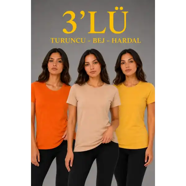 Kadın 3’lü Kısa Kollu Bisiklet Yaka Basic Slim Fit T-Shirt - Turuncu - Bej - Hardal