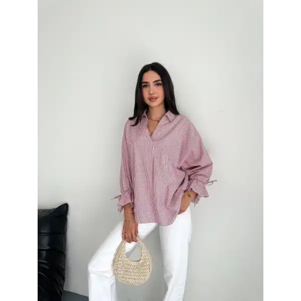 Kadın Arkası Asimetrik Yırtmaç Kesim Detaylı Cizgili Bluz Gömlek - Bordo