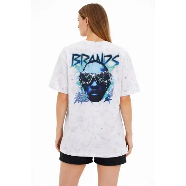 Kadın Asit Yıkamalı Oversize Tişört Bisiklet Yaka Kısa Kol T-shirt - Beyaz