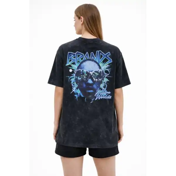 Kadın Asit Yıkamalı Oversize Tişört Bisiklet Yaka Kısa Kol T-shirt - Siyah