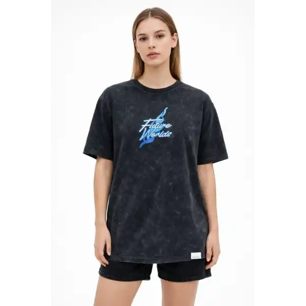 Kadın Asit Yıkamalı Oversize Tişört Bisiklet Yaka Kısa Kol T-shirt - Siyah