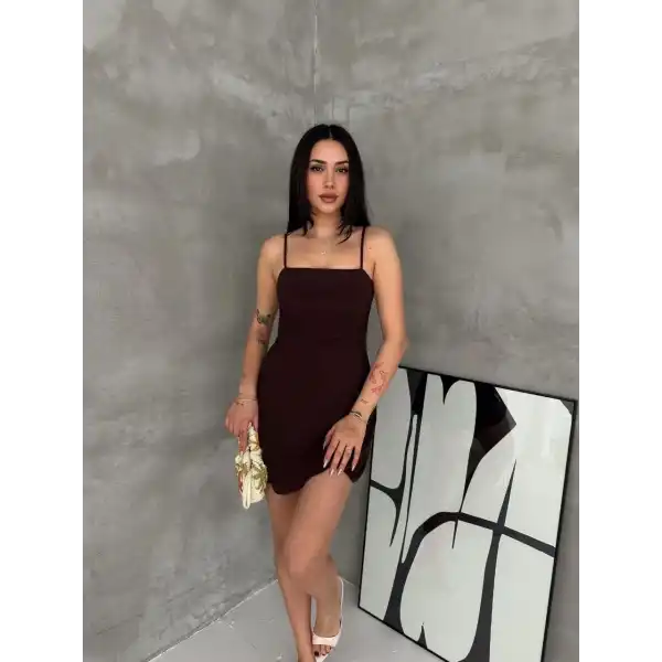 Kadın Askılı Şifon Mini Elbise Drapeli Bel Vücuda Oturan Yazlık Şık - Kahverengi