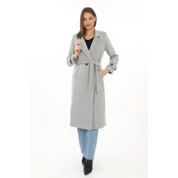 Kadın Astarlı Balık Sırtı Kaşmir Kaşe Kaban - Gri