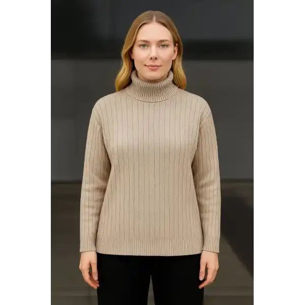 Kadın Balıkcı Yaka Bağazlı Triko Kazak Pamuklu Kalın Fitilli Dokuma - Bej